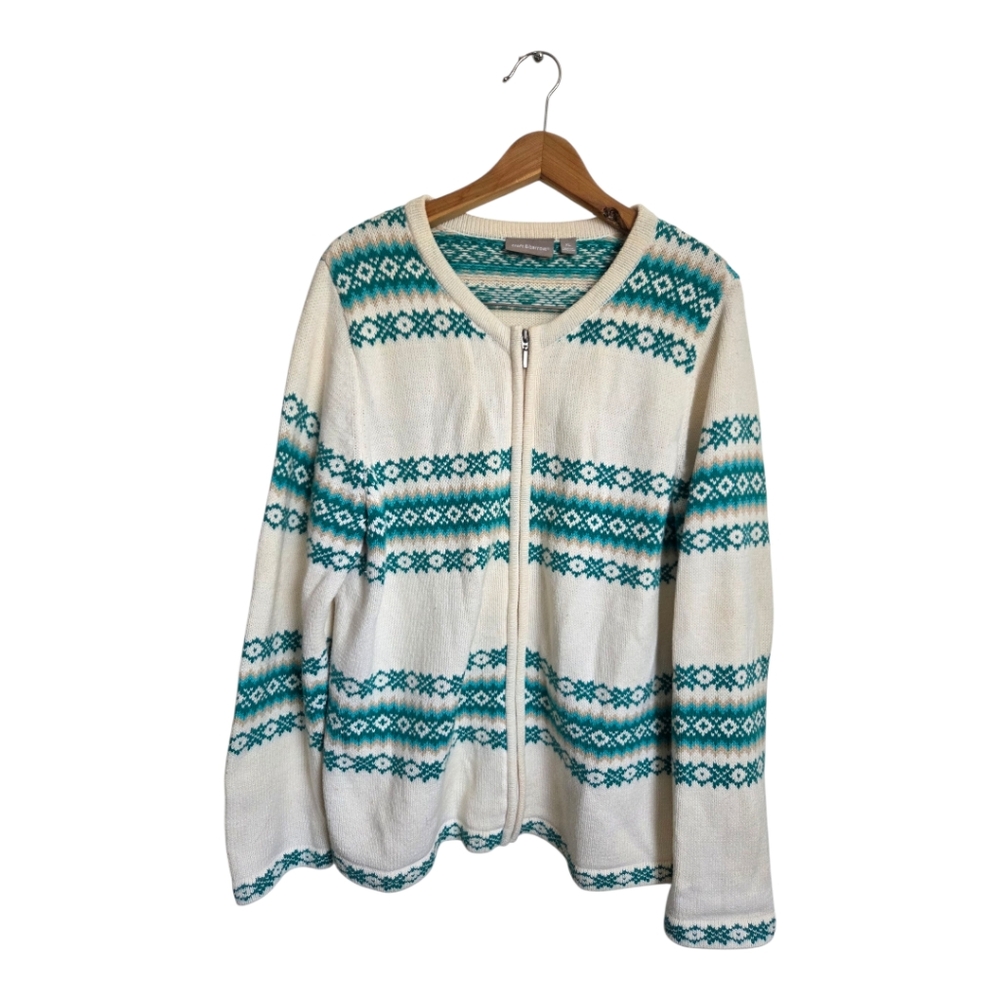 Croft & Barrow - Full Zip Cardigan Sweater - White & Turquoise Knit - Ladies XL